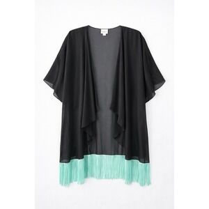 Lularoe Women's Sheer Black‎ Kimono Aqua Fringe Open Front Boho Festival Large